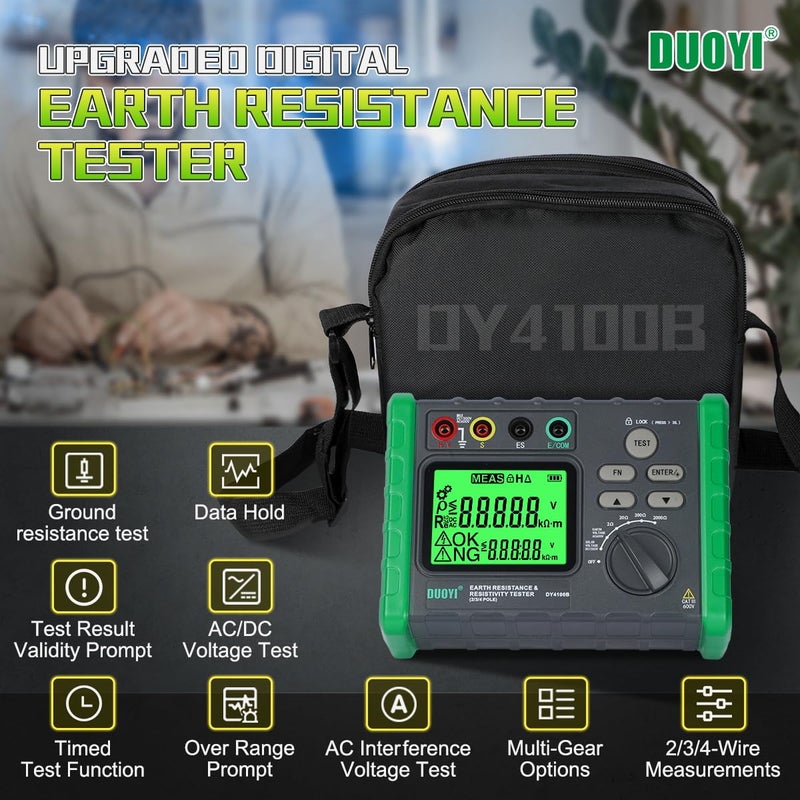 DUOYI Earth Resistance Tester 0.03-2000 ohm Meter,Upgraded Digital Earth Ground Resistance Tester 2/3 Wire Measurement AC/DC Voltage Meter with Batteries,Tool Bag - Image 2